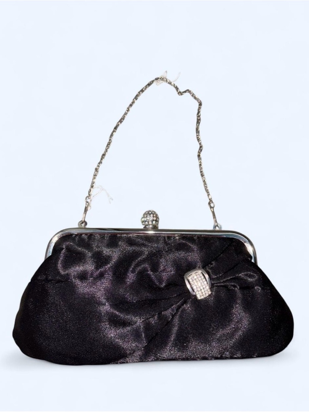 Elegant Black Satin Evening Clutch with Rhinestone Accent
